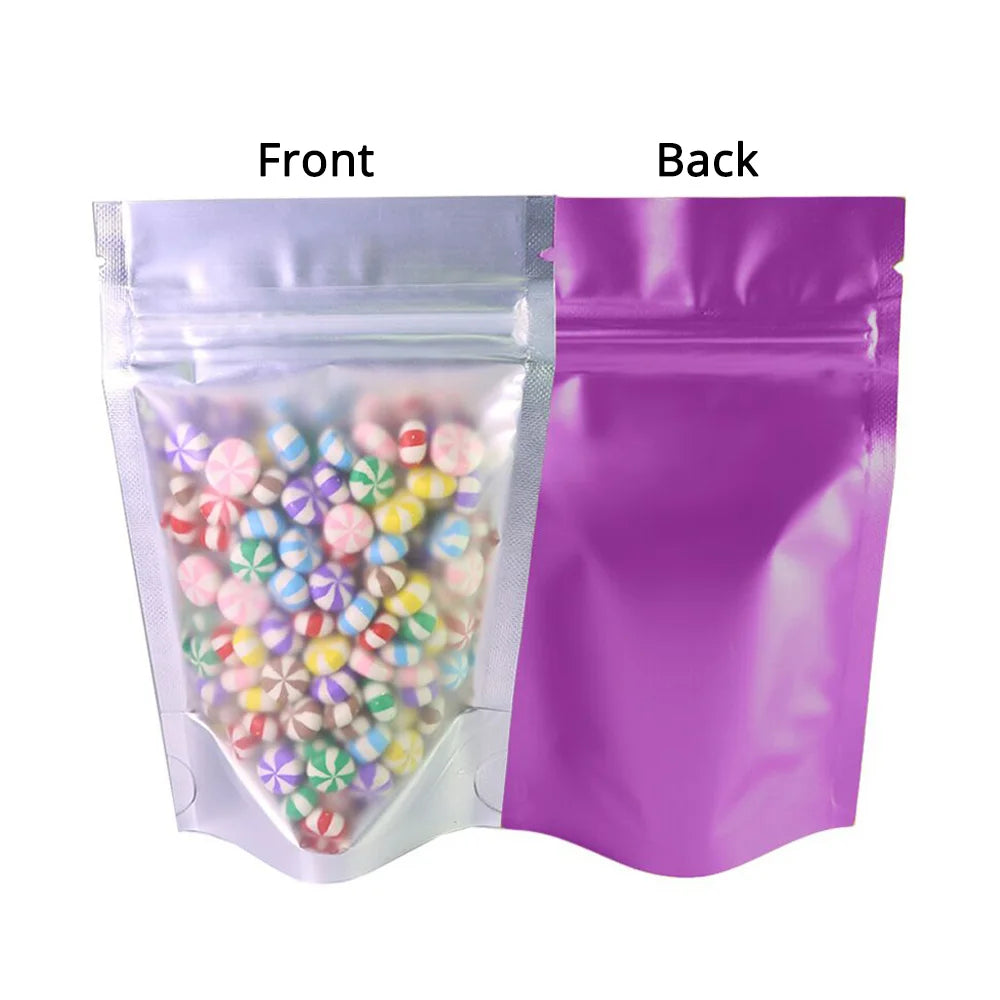 100pcs Metallic Stand Up Doypack,  Clear Window Reusable Smell Proof  Bag Food Storage  Package Aluminum Foil Mylar Pouch
