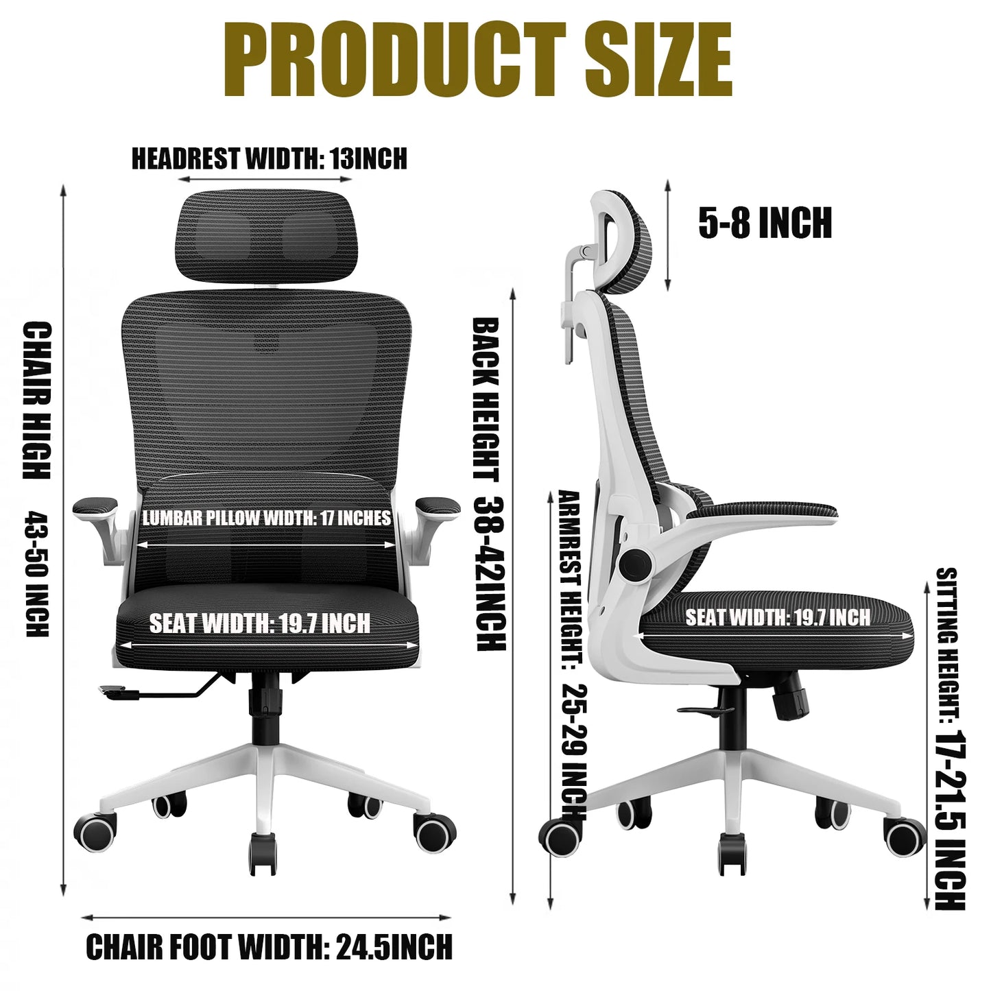 Mesh Office Chair High Back Ergonomic Desk Chair with Lumbar Support and Flip up Armrest Adjustable Headrest for Black Home