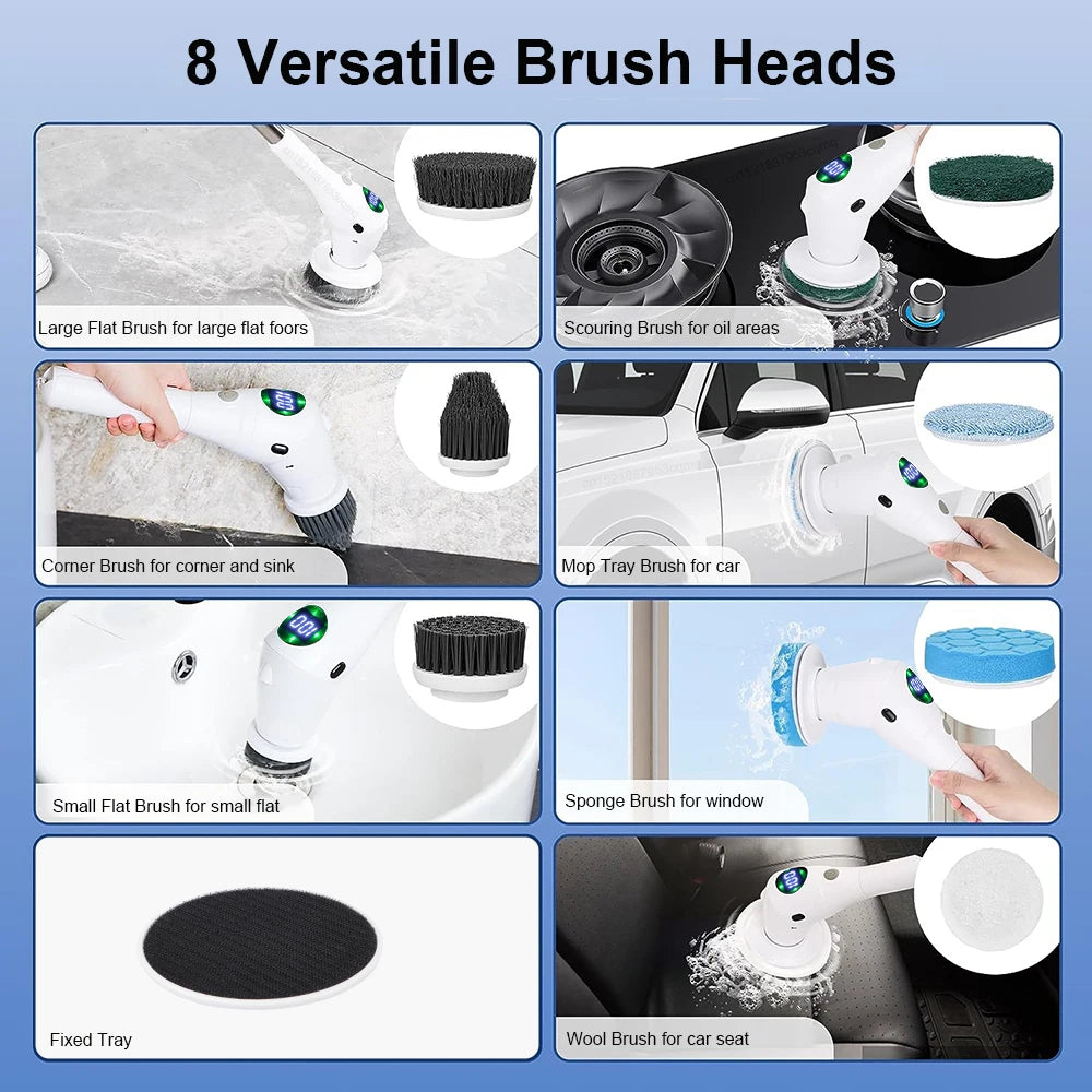 8-in-1 Electric Cleaning Brush – Wireless and Rotatable for Cleaning Bathroom, Kitchen, Windows, and Toilet.