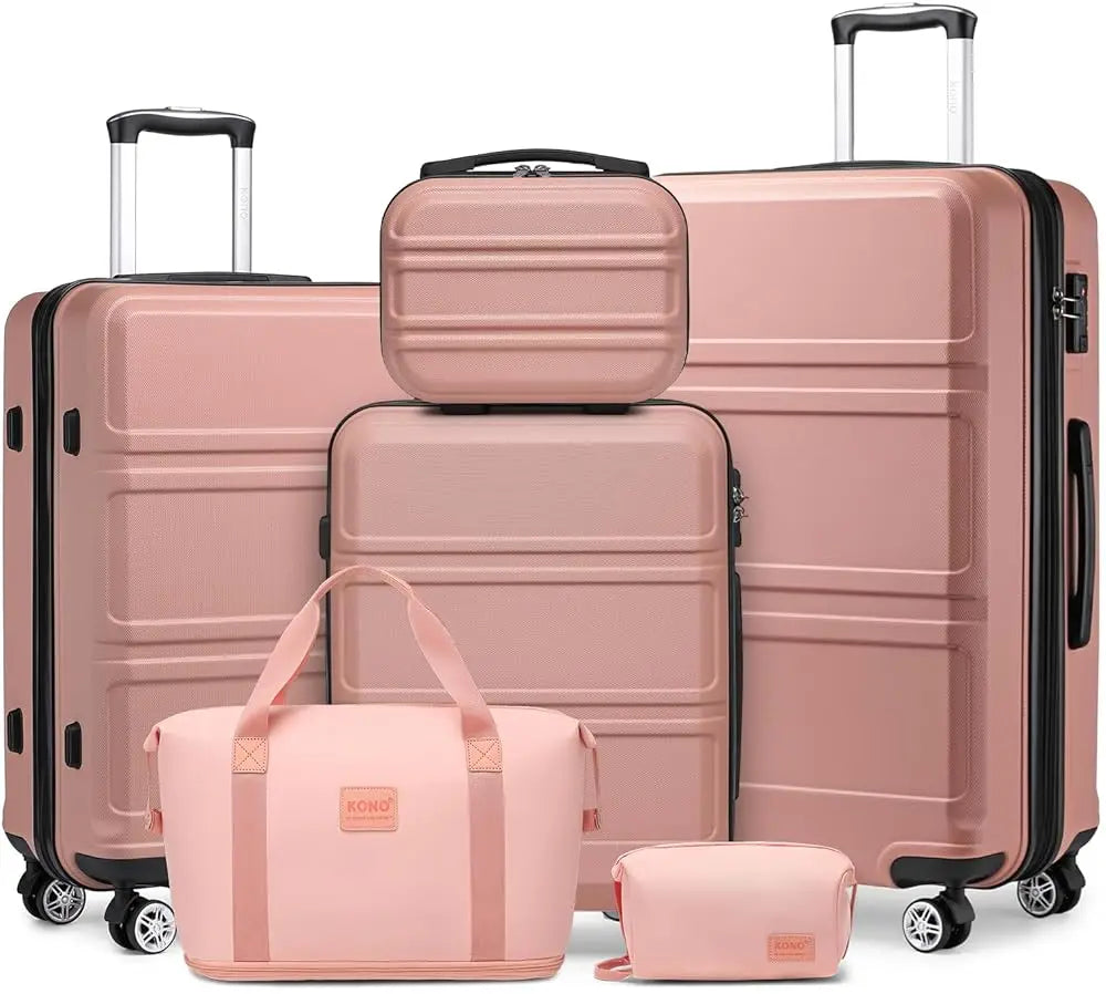 Kono 6-Pc Travel System - 20/24/28" ABS Suitcases with Toiletry Bag & Duffel, Lightweight TSA Lock
