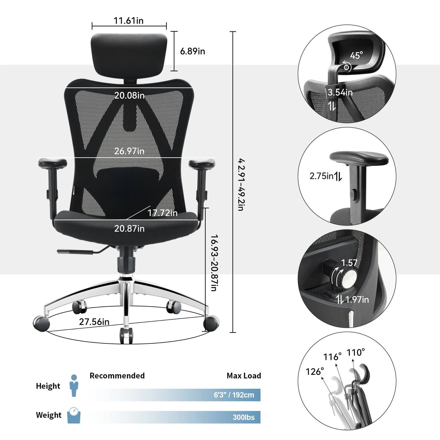 SIHOO M18 Ergonomic Office Chair for Big And Tall People Adjustable Headrest 2D Armrests Lumbar Support PU Wheels Swivel Feature