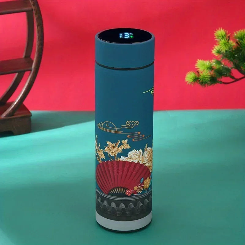Retro Smart Temperature Display Insulated Cup,  Chinese Style Thermal Water Bottle, Stainless Steel Water Cup