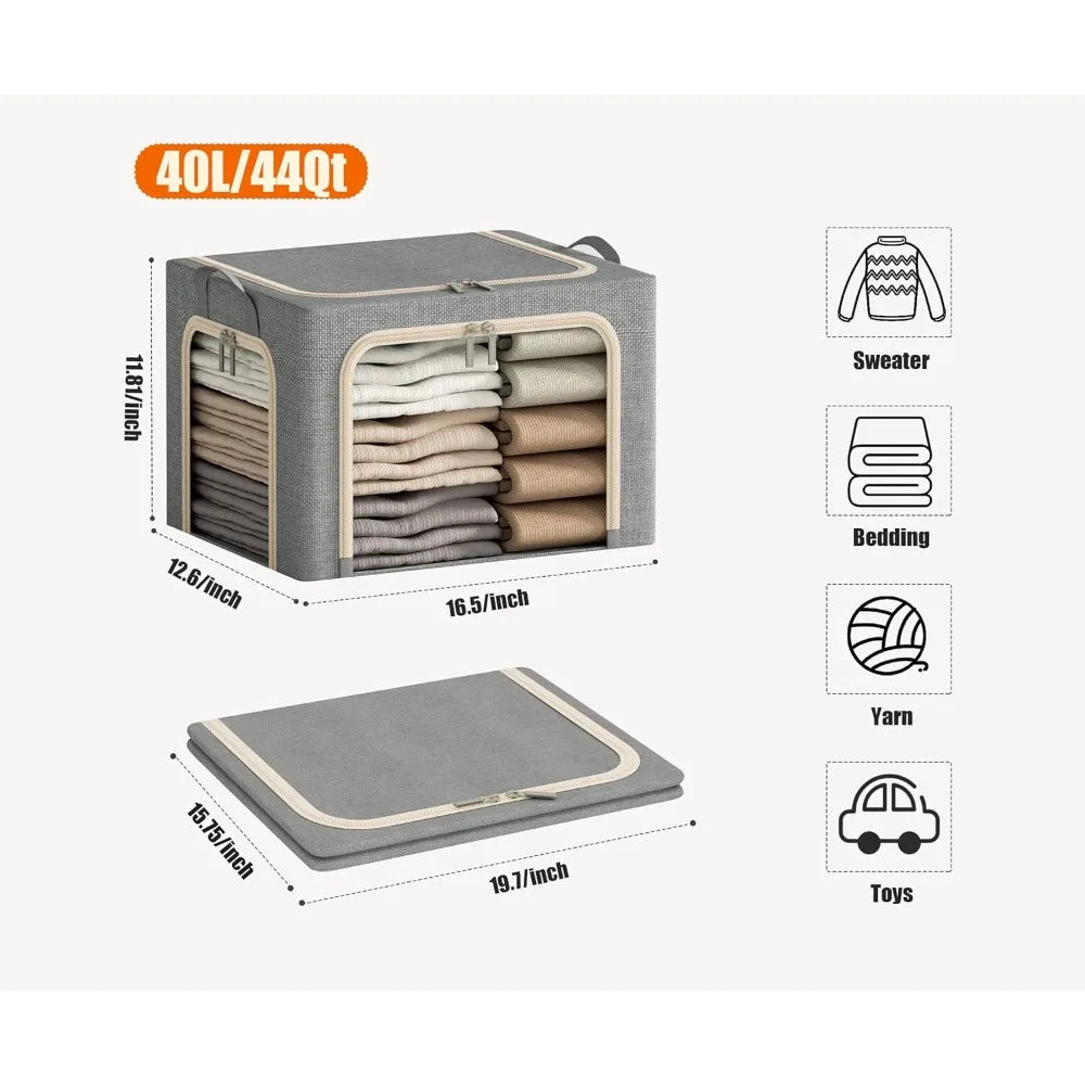 3 Openings Clothes Storage Bins with Metal Frame, Foldable Storage Bin for Clothes, Clothing Storage Bins with Lid, Linen Storag