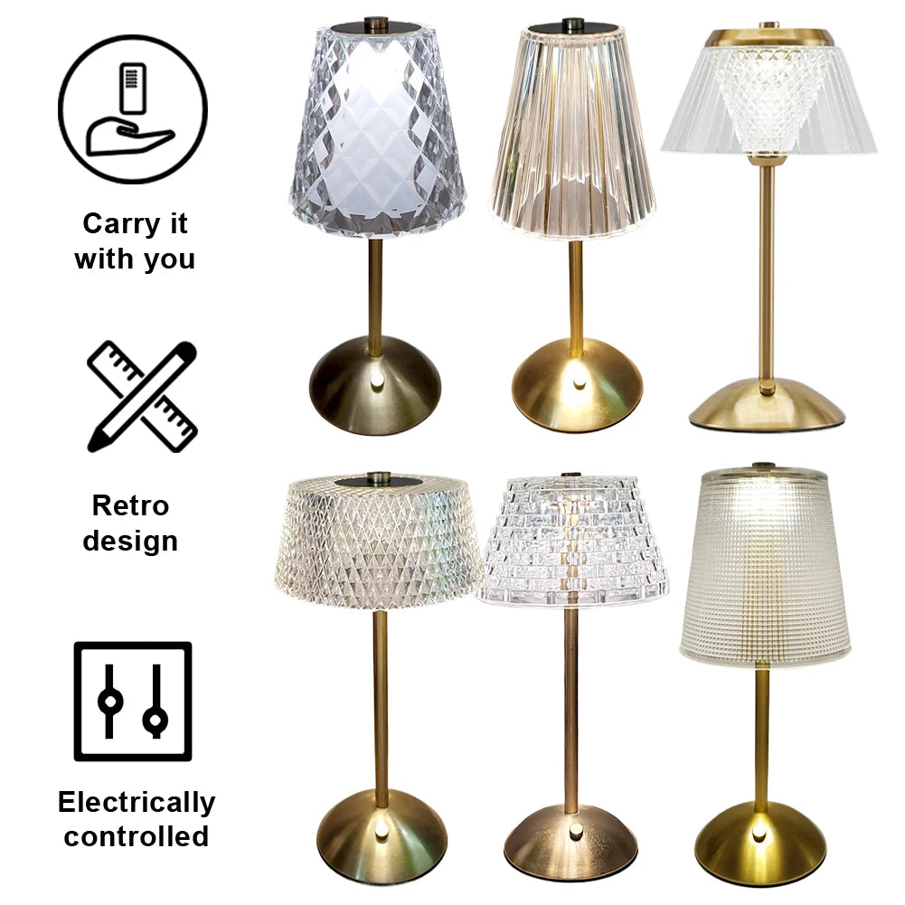 Crystal Atmosphere Lamp Rechargeable Stepless Dimmable Crystal Diamond Table Lamp 3 Color Modes Cordless Desk Lamp Touch Control