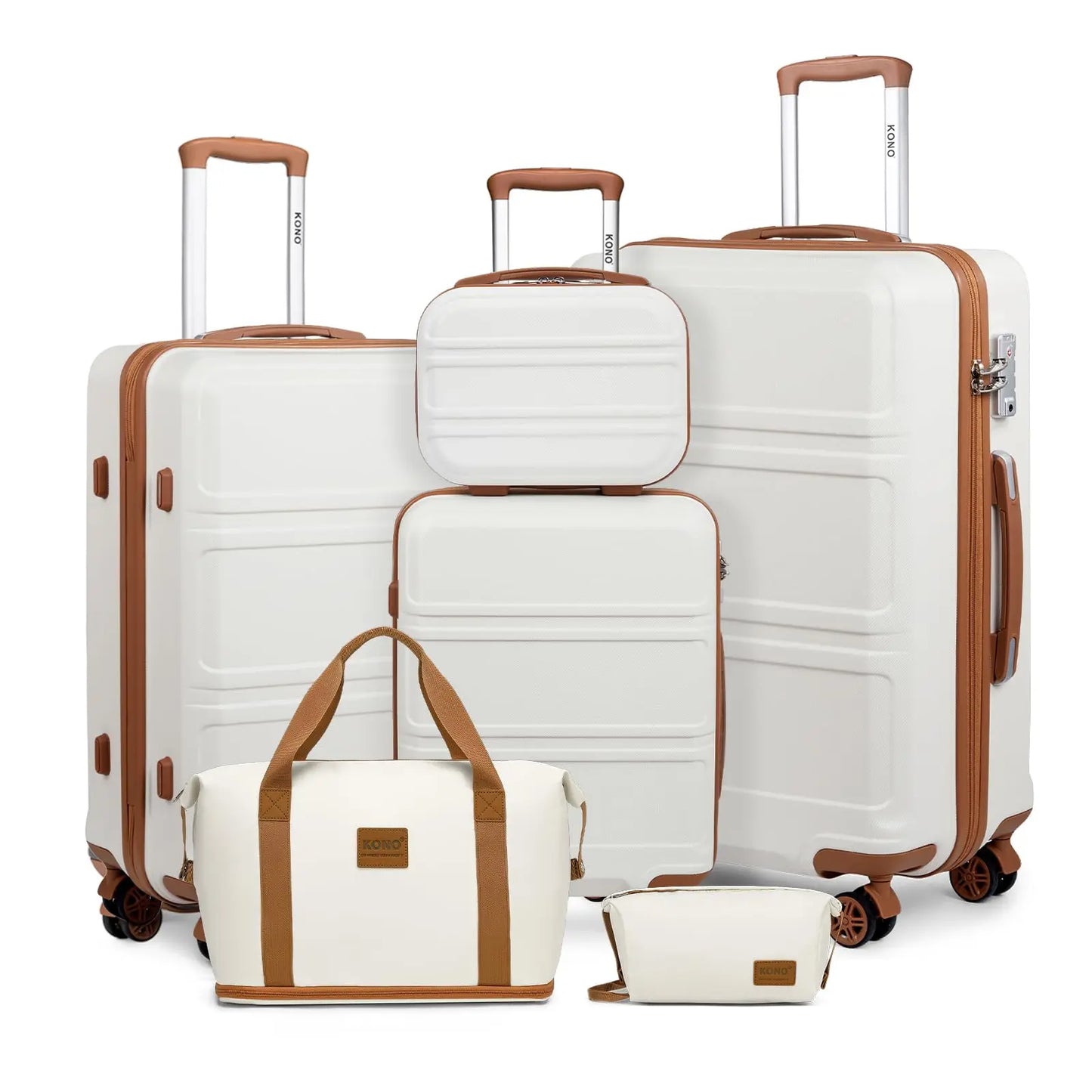 Kono 6-Pc Travel System - 20/24/28" ABS Suitcases with Toiletry Bag & Duffel, Lightweight TSA Lock