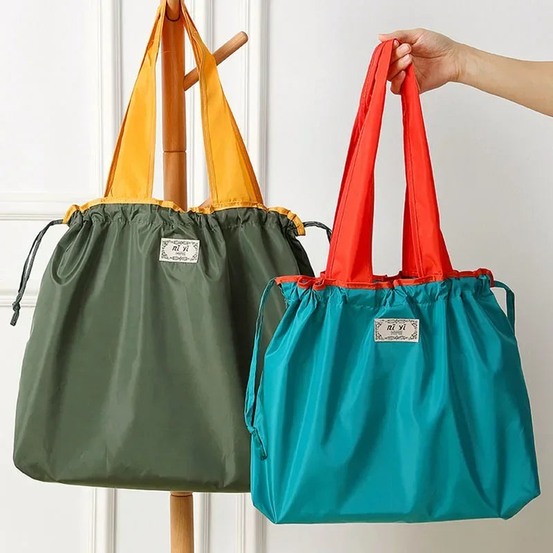 Foldable Eco-Friendly Shoulder Bags Women's Reusable Grocery Bag Large Capacity Foldable Shopping Bag with Drawstring Closure