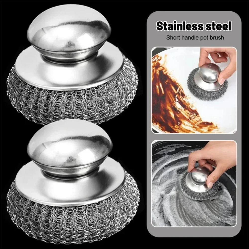 5/1Pcs Kitchen Stainless Steel Pot Brush with Handles Dishwashing Wire Ball Heavy Duty Metal Scrubber Home Pot Pan Cleaning Tool
