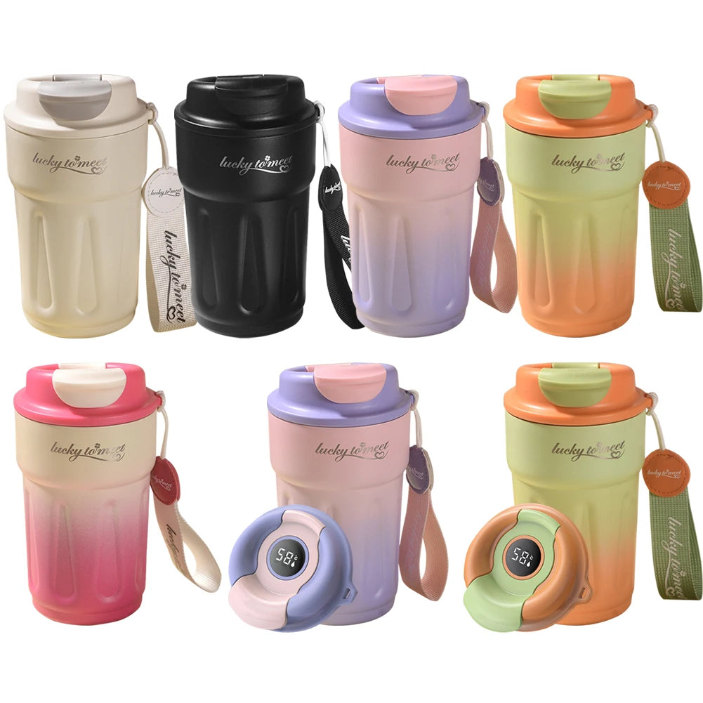 420ML Thermos Bottle Stainless Steel Coffee Cup Leakproof Outdoor Portable Drink Travel Mug with Rope for Hot and Cold Drinks
