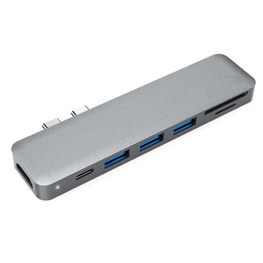 Aluminum Alloy 7-in-1 Multiport Hub with Dual USB-C Connectors 4K Video HD Output Port SD/TF Card Reader USB 3.1 Type-C Port