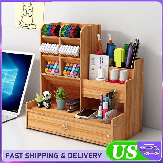 Wooden Office Study Desk Storage Rack Organization Box Neat Shelf Case