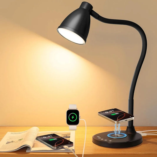 BOHON Desk Lamp for Home Office, LED Desk Light with USB C+A Charging Ports, Wireless Charger, 5 Colors Stepless Dimming Reading