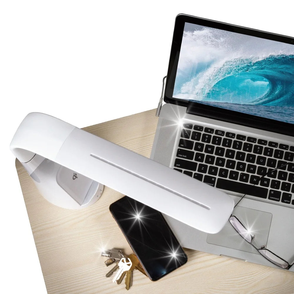 LED Sanitizing Desk Lamp with Wireless Charging Touch Control Adjustable Height Spectra Clean Technology Reduces Eyestrain Qi