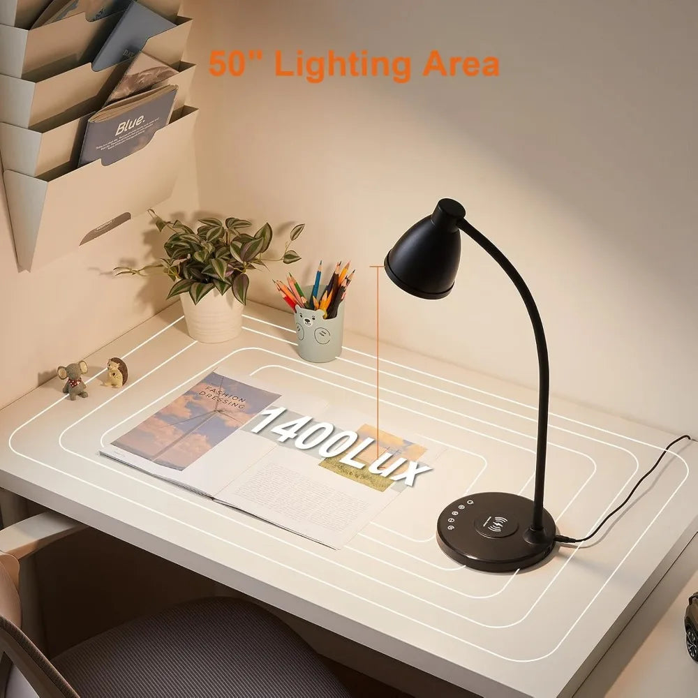 BOHON Desk Lamp for Home Office, LED Desk Light with USB C+A Charging Ports, Wireless Charger, 5 Colors Stepless Dimming Reading
