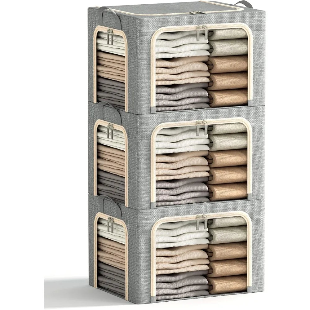 3 Openings Clothes Storage Bins with Metal Frame, Foldable Storage Bin for Clothes, Clothing Storage Bins with Lid, Linen Storag