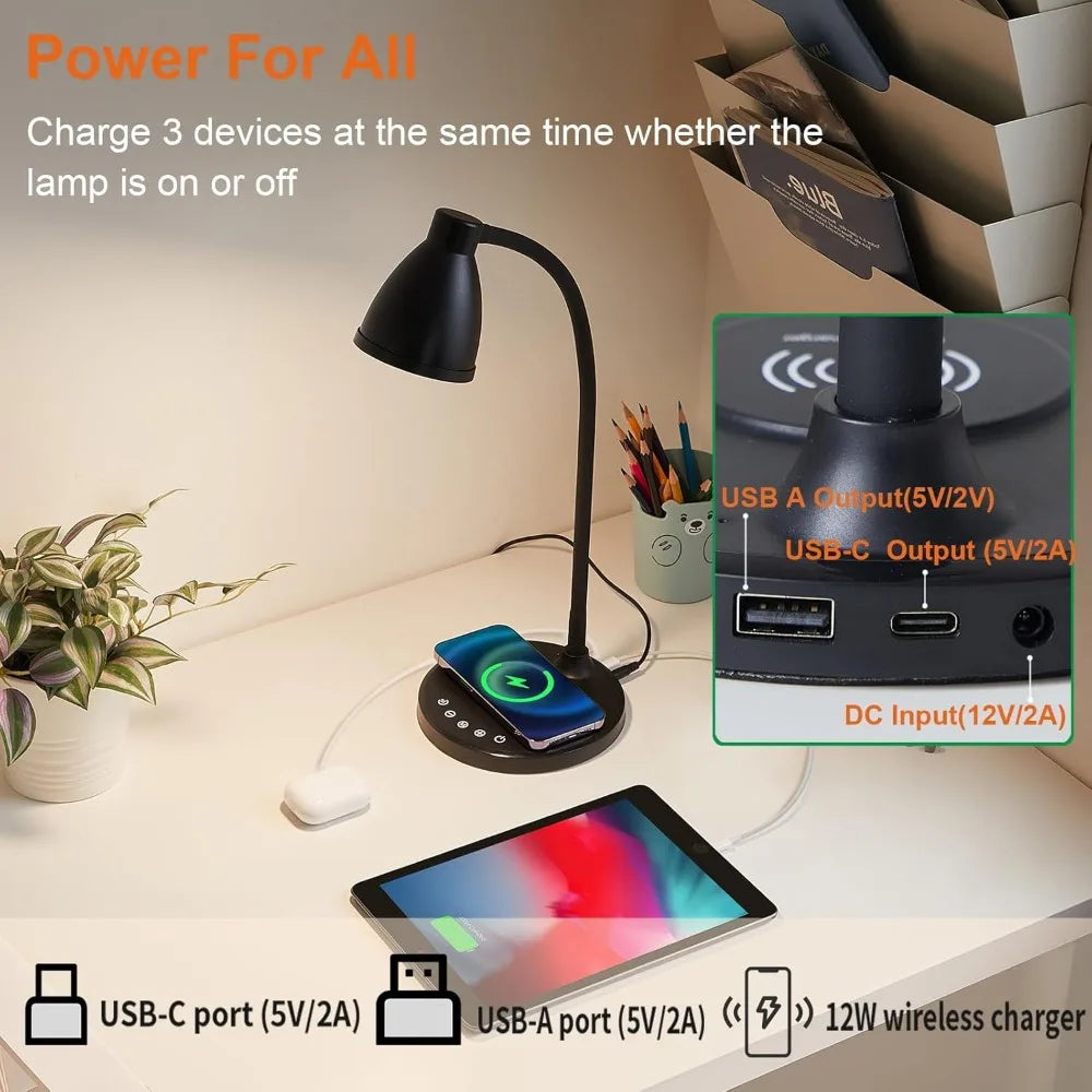 BOHON Desk Lamp for Home Office, LED Desk Light with USB C+A Charging Ports, Wireless Charger, 5 Colors Stepless Dimming Reading