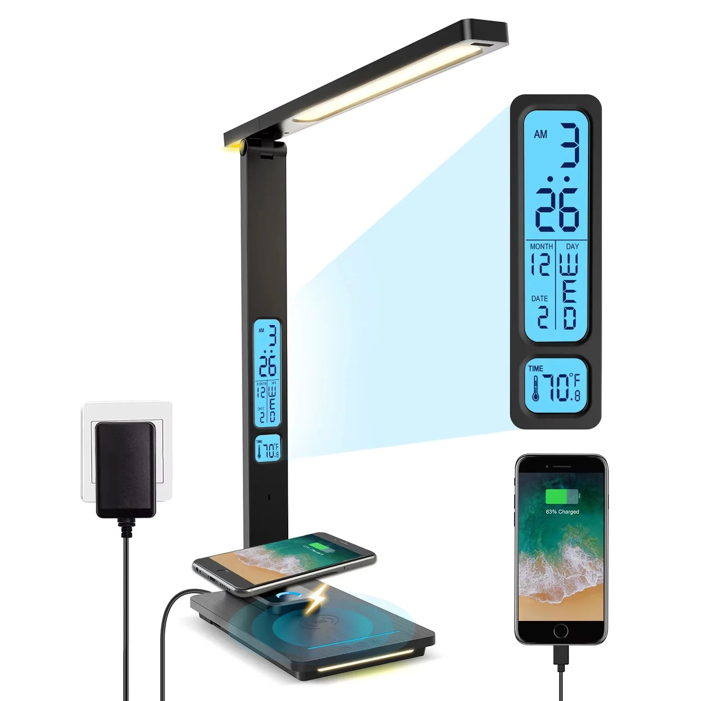LAOPAO 10W QI Wireless Charging LED Desk Lamp USB Charging Port Sliding Dimmable Auto Timer with Night Light Table Lamp